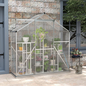 6 x 2.5ft Polycarbonate Greenhouse, Walk-In Green House with Sliding Door, 5-Level Roof Vent, Rain Gutter, Garden Plants Grow House with Aluminium Frame and Foundation, Silver