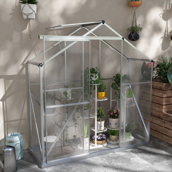 6 x 2.5ft Polycarbonate Greenhouse, Walk-In Green House with Sliding Door, 5-Level Roof Vent, Rain Gutter, Garden Plants Grow House with Aluminium Frame and Foundation, Silver
