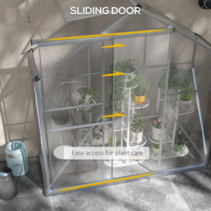 6 x 2.5ft Polycarbonate Greenhouse, Walk-In Green House with Sliding Door, 5-Level Roof Vent, Rain Gutter, Garden Plants Grow House with Aluminium Frame and Foundation, Silver