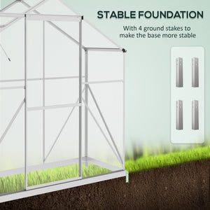 6 x 2.5ft Polycarbonate Greenhouse, Walk-In Green House with Sliding Door, 5-Level Roof Vent, Rain Gutter, Garden Plants Grow House with Aluminium Frame and Foundation, Silver