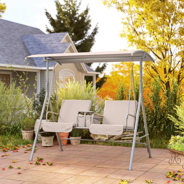 2 Person Porch Swing with Stand, Outdoor Swing with Canopy, Pivot Storage Table, 2 Cup Holders, Cushions for Patio, Backyard, Beige