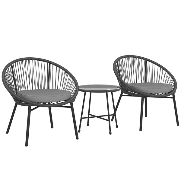 3 Piece Wicker Patio Furniture Set, Acapulco Chair Set with Soft Seat Cushions, Tempered Glass Tabletop, Rattan Bistro Set for Garden, Backyard, Black