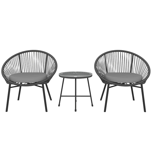 3 Piece Wicker Patio Furniture Set, Acapulco Chair Set with Soft Seat Cushions, Tempered Glass Tabletop, Rattan Bistro Set for Garden, Backyard, Black