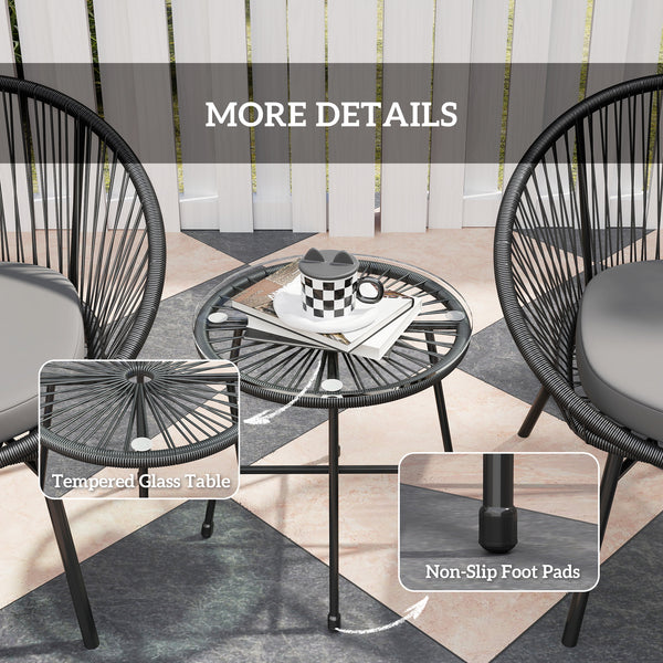 3 Piece Wicker Patio Furniture Set, Acapulco Chair Set with Soft Seat Cushions, Tempered Glass Tabletop, Rattan Bistro Set for Garden, Backyard, Black