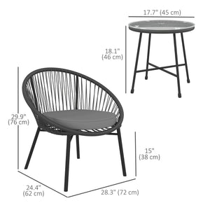 3 Piece Wicker Patio Furniture Set, Acapulco Chair Set with Soft Seat Cushions, Tempered Glass Tabletop, Rattan Bistro Set for Garden, Backyard, Black