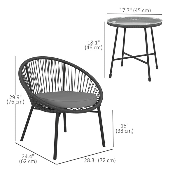 3 Piece Wicker Patio Furniture Set, Acapulco Chair Set with Soft Seat Cushions, Tempered Glass Tabletop, Rattan Bistro Set for Garden, Backyard, Black