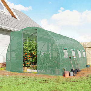 10' x 13' Walk-in Polytunnel Greenhouse with Hinged Door and 8 Roll Up Mesh Windows, Garden Tunnel Warm House Tent with UV-resistant PE Cover, Galvanised Steel Frame, Green