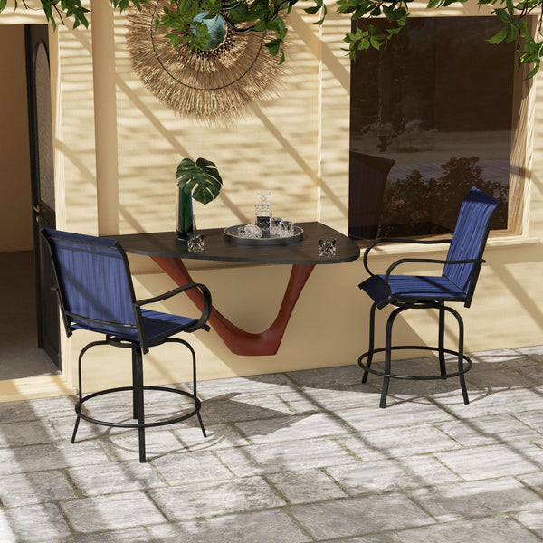 Outdoor Bar Stools with Armrests, Set of 2 360° Swivel Bar Height Patio Chairs with High-Density Mesh Fabric, Steel Frame Dining Chairs for Balcony, Poolside, Backyard, Navy Blue