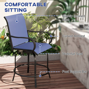 Outdoor Bar Stools with Armrests, Set of 2 360° Swivel Bar Height Patio Chairs with High-Density Mesh Fabric, Steel Frame Dining Chairs for Balcony, Poolside, Backyard, Navy Blue