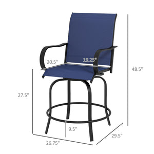 Outdoor Bar Stools with Armrests, Set of 2 360° Swivel Bar Height Patio Chairs with High-Density Mesh Fabric, Steel Frame Dining Chairs for Balcony, Poolside, Backyard, Navy Blue