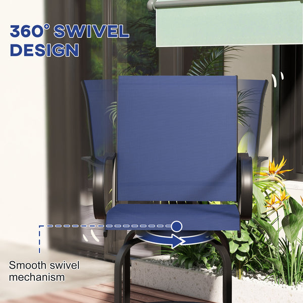 Outdoor Bar Stools with Armrests, Set of 2 360° Swivel Bar Height Patio Chairs with High-Density Mesh Fabric, Steel Frame Dining Chairs for Balcony, Poolside, Backyard, Navy Blue