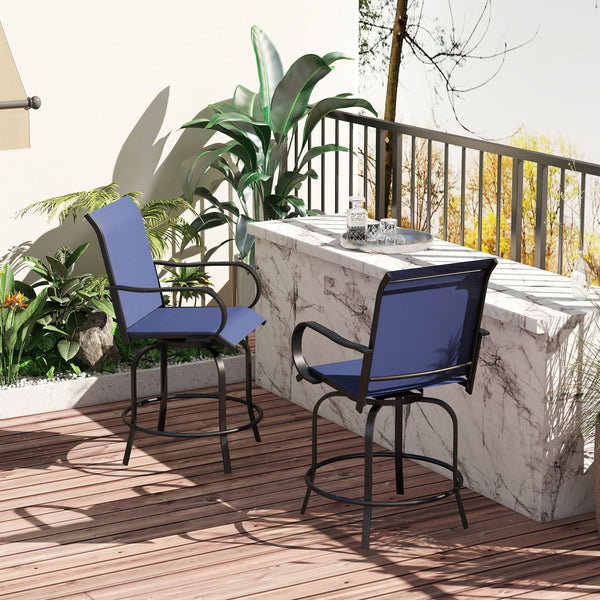 Outdoor Bar Stools with Armrests, Set of 2 360° Swivel Bar Height Patio Chairs with High-Density Mesh Fabric, Steel Frame Dining Chairs for Balcony, Poolside, Backyard, Navy Blue