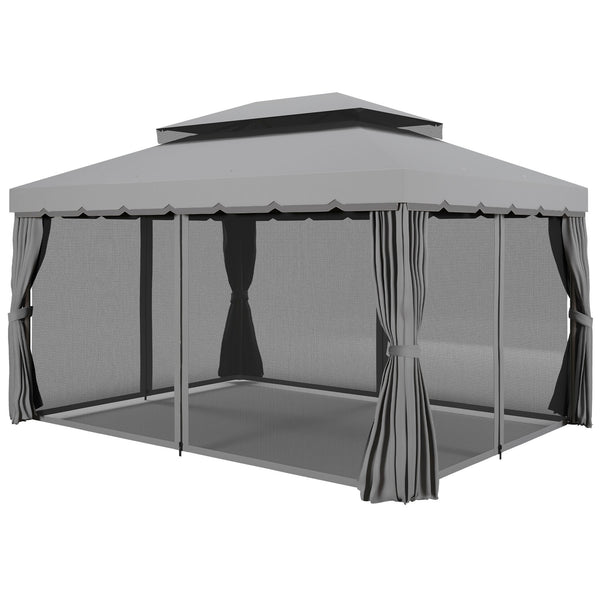 3 x 4m Aluminium Garden Gazebo, Marquee Canopy Shelter Pavilion Party Tent with Nets and Curtains for Garden and Deck, Light Grey