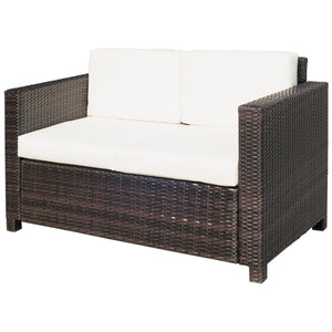 Rattan Sofa, 2 Seater Garden Furniture with Soft Padded Cushion and Armrests, Wicker Garden Loveseat for Patio, Mixed Brown