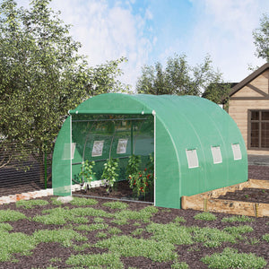 10' x 10' x 6.5' Walk-in Tunnel Hoop Greenhouse, Polyethylene PE Cover, Steel Frame, Roll-Up Zipper Door & Windows for Flowers, Vegetables, Tropical Plants, Green