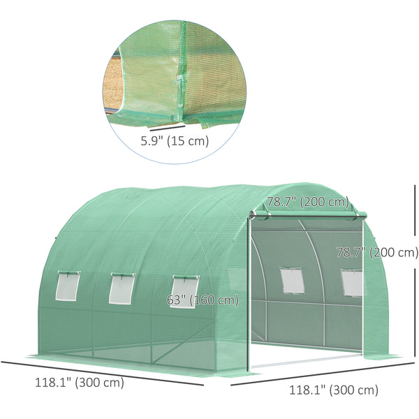 10' x 10' x 6.5' Walk-in Tunnel Hoop Greenhouse, Polyethylene PE Cover, Steel Frame, Roll-Up Zipper Door & Windows for Flowers, Vegetables, Tropical Plants, Green