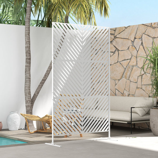 Metal Outdoor Privacy Screen, Decorative Outdoor Divider with Stand and Expansion Screws, Freestanding Privacy Panel for Garden, Backyard, Deck, Triangle Style, White