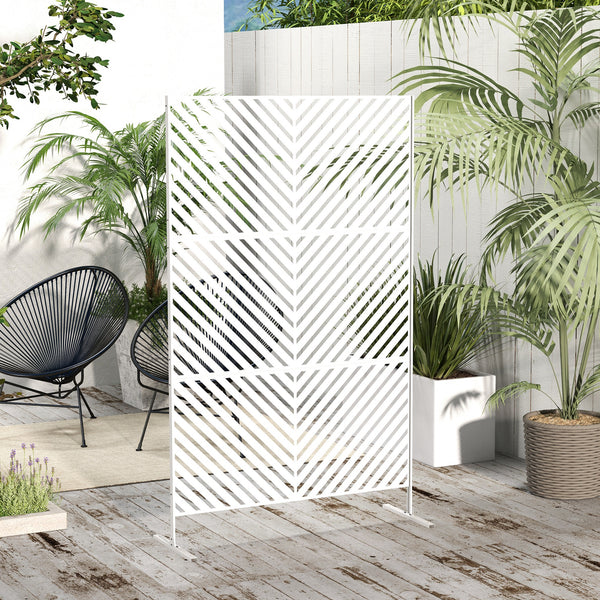 Metal Outdoor Privacy Screen, Decorative Outdoor Divider with Stand and Expansion Screws, Freestanding Privacy Panel for Garden, Backyard, Deck, Triangle Style, White