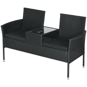 2-Seat Patio Furniture with Tea Table, Outdoor PE Rattan Wicker Loveseat with Padded Cushions and Tempered Glass Top for Garden, Porch, Poolside, Black