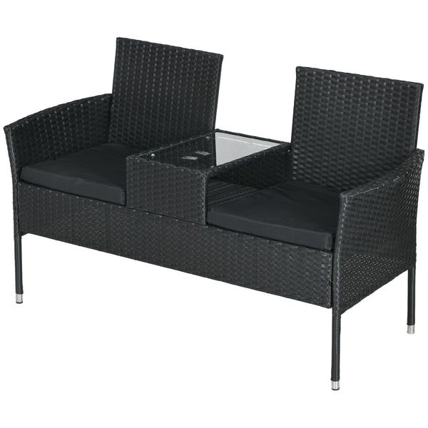 2-Seat Patio Furniture with Tea Table, Outdoor PE Rattan Wicker Loveseat with Padded Cushions and Tempered Glass Top for Garden, Porch, Poolside, Black