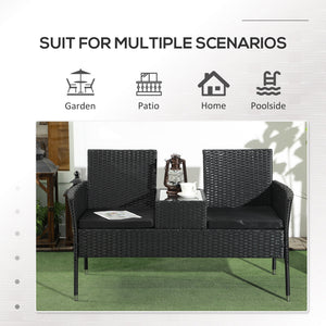 2-Seat Patio Furniture with Tea Table, Outdoor PE Rattan Wicker Loveseat with Padded Cushions and Tempered Glass Top for Garden, Porch, Poolside, Black
