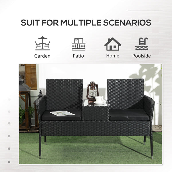 2-Seat Patio Furniture with Tea Table, Outdoor PE Rattan Wicker Loveseat with Padded Cushions and Tempered Glass Top for Garden, Porch, Poolside, Black