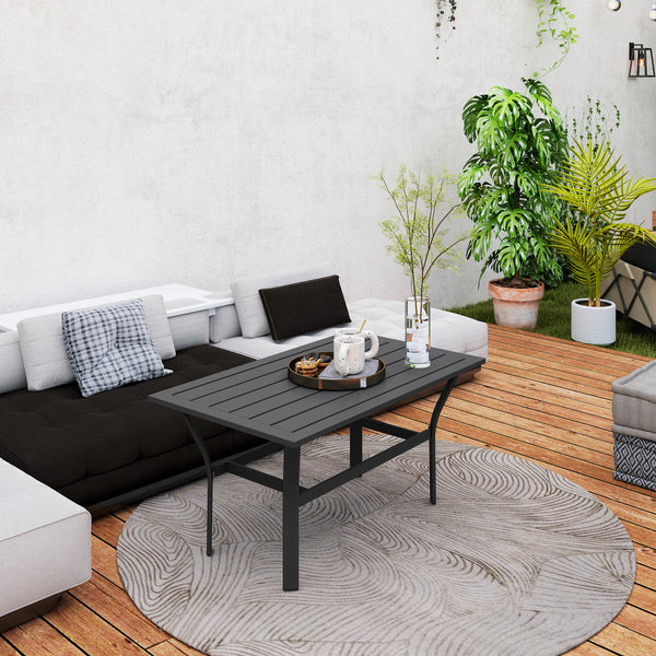 Outdoor Coffee Table, All-Weather Rectangle Metal Patio Coffee Table with Slatted Tabletop for Outside, Patio, Garden, Balcony, Backyard, Black