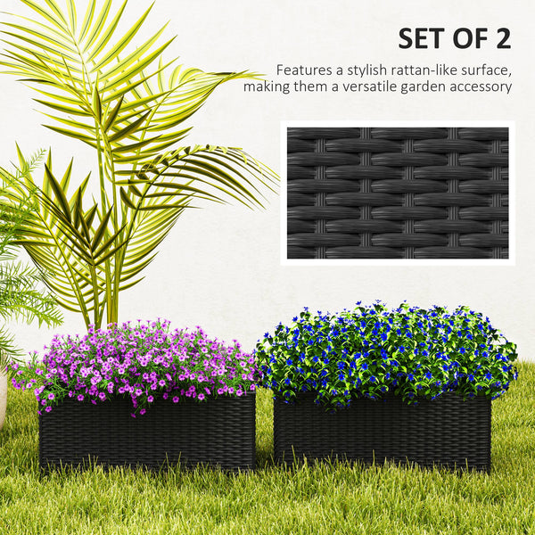 2 Pack Railing Planter Box, 20 Inch Hanging Flower Pots with Hooks and Drainage Hole, Rectangular Planters for Fence, Balcony, Garden, Patio, Rattan Look, Black