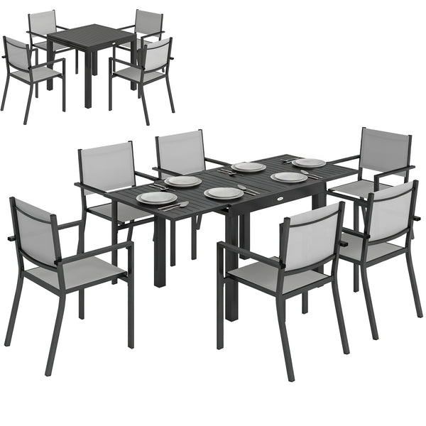 7 Pieces Outdoor Dining Set, Aluminum Patio Table and Chairs Set for 6 with Extendable Slatted Tabletop and Stackable Chairs, All-Weather Patio Dining Table and Chairs