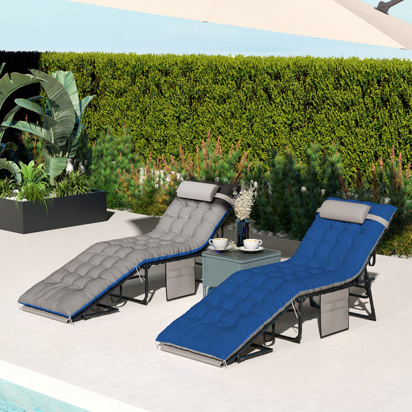Folding Outdoor Lounge Chair Set of 2, 5-Position Reclining Patio Chaise Lounge Chairs, Tanning Chair with Cushion, Headrest, Side Pocket for Beach, Poolside, Brown/Blue