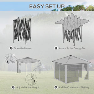 3 x 3(m) Pop Up Gazebo with Sides, 20 Solar-Powered LED Lights, Netting, Roller Bag, 4 Weight Bags, Marquee Party Tent, Height Adjustable Instant Event Shelter, Khaki