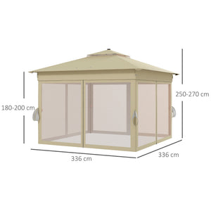 3 x 3(m) Pop Up Gazebo with Sides, 20 Solar-Powered LED Lights, Netting, Roller Bag, 4 Weight Bags, Marquee Party Tent, Height Adjustable Instant Event Shelter, Khaki