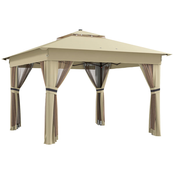 3 x 3(m) Pop Up Gazebo with Sides, 20 Solar-Powered LED Lights, Netting, Roller Bag, 4 Weight Bags, Marquee Party Tent, Height Adjustable Instant Event Shelter, Khaki