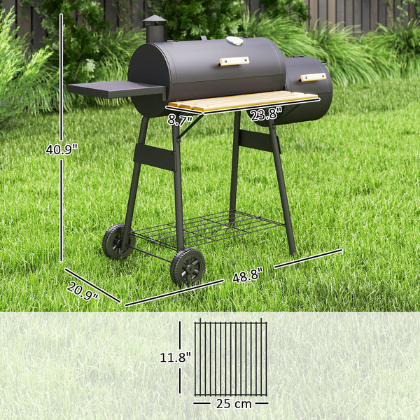Charcoal Grill with Offset Smoker, 231 Sq.In. Cooking Area, Barrel BBQ Grill and Smoker Combo with Side Tables, Shelf, Thermometer, Wheels for Outdoor Patio Backyard Party Event Gathering