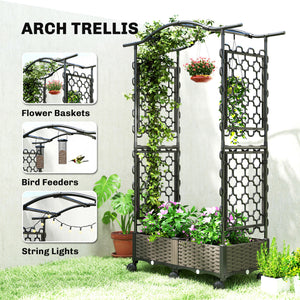Raised Garden Bed with Arch Trellis, Raised Bed for Garden on Wheels with Side Trellis, Self Watering Outdoor Planter Box with Drainage Holes, Drain Plugs for Climbing Plants, Flowers, Herbs