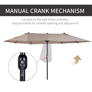 15ft Double-sided Patio Umbrella with Twin Canopy, Extra Large Outdoor Parasol with Crank for Pool, Deck, Market, Tan