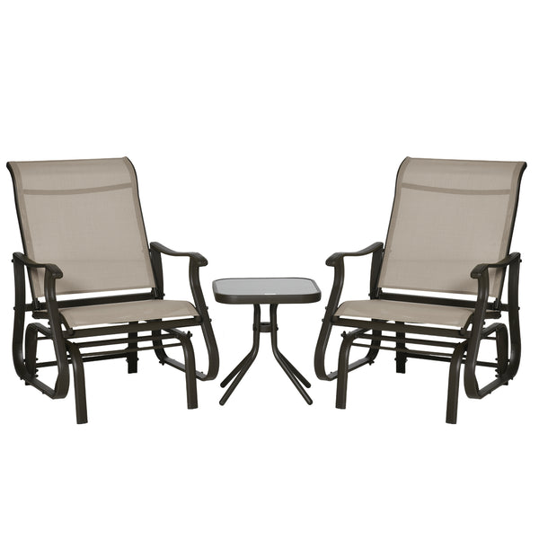 3PCs Glider Rocking Chairs with Table, Outdoor Gliders with Steel Frame, Mesh Seat, Tempered Glass Table Top for Patio, Garden, Backyard, Deck, Porch, Dark Grey