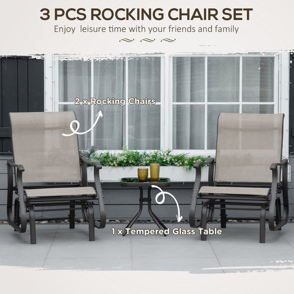 3PCs Glider Rocking Chairs with Table, Outdoor Gliders with Steel Frame, Mesh Seat, Tempered Glass Table Top for Patio, Garden, Backyard, Deck, Porch, Dark Grey