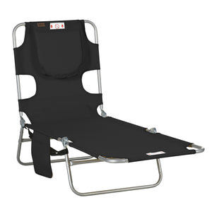Folding Lounge Chair Outdoor Tanning Chair with Face Hole, 5-Position Reclining Sun Lounger Chaise Lounge Cot with Side Pocket, Carry Strap for Beach Pool, Yard, Black