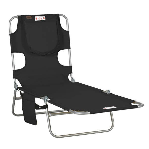 Folding Lounge Chair Outdoor Tanning Chair with Face Hole, 5-Position Reclining Sun Lounger Chaise Lounge Cot with Side Pocket, Carry Strap for Beach Pool, Yard, Black