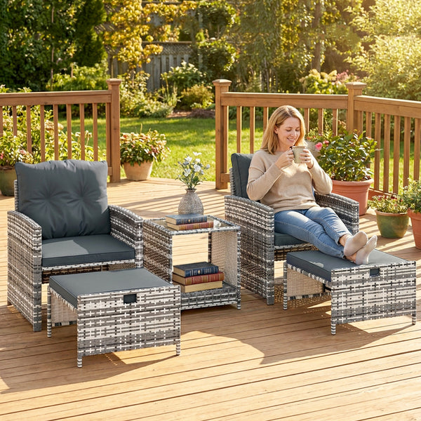 5 Piece Patio Furniture Set, Wicker Patio Chairs with Ottomans, 2-Tier Glass Coffee Table, Cushions, Outdoor Patio Furniture Conversation Set for Balcony, Grey/Dark Grey