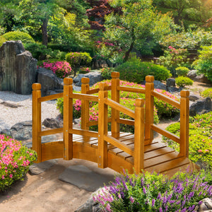Wooden Garden Bridge with Safety Railings, Arc Footbridge for Pond Backyard Stream, Brown