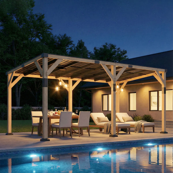 10' x 20' Wooden Gazebo, Hardtop Lean-to Gazebo Pergola with Galvanized Steel Sloped Roof, Large Heavy Duty Awning for Patio, Deck, Backyard, Light Walnut