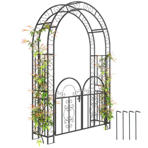 7.4ft Steel Garden Arch with Gate, Garden Arbor Trellis for Climbing Plants, Roses, Vines, Wedding Arch Stand for Outdoor, Garden, Lawn, Backyard, Black