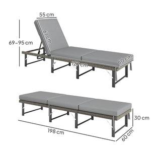 Folding Rattan Sun Lounger, 6-Level Adjustable Garden Lounger Recliner with Cushion, Outdoor Reclining Sunbed, Garden Chair with Steel Frame for Patio, Beach, Terrace, Grey