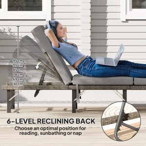 Folding Rattan Sun Lounger, 6-Level Adjustable Garden Lounger Recliner with Cushion, Outdoor Reclining Sunbed, Garden Chair with Steel Frame for Patio, Beach, Terrace, Grey