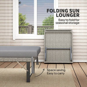 Folding Rattan Sun Lounger, 6-Level Adjustable Garden Lounger Recliner with Cushion, Outdoor Reclining Sunbed, Garden Chair with Steel Frame for Patio, Beach, Terrace, Grey