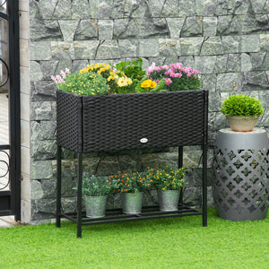 Modern Elevated Metal Raised Garden Bed with Rattan Wicker Look, Underneath Tool Storage Rack, Black