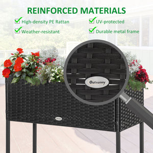 Modern Elevated Metal Raised Garden Bed with Rattan Wicker Look, Underneath Tool Storage Rack, Black