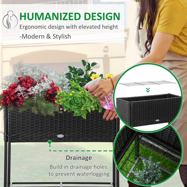 Modern Elevated Metal Raised Garden Bed with Rattan Wicker Look, Underneath Tool Storage Rack, Black
